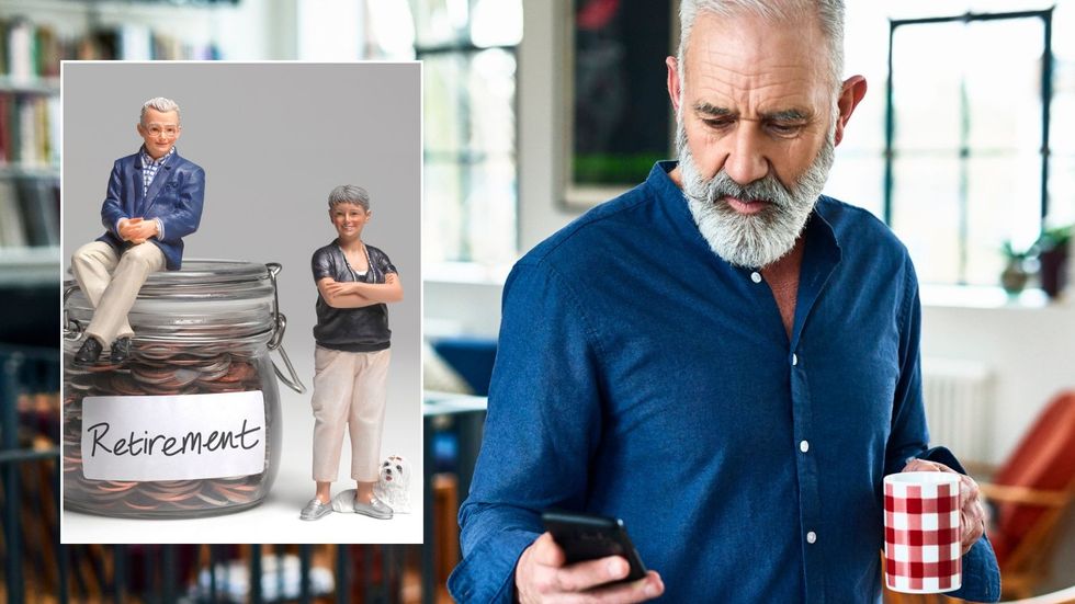 Older man on phone and pension pot