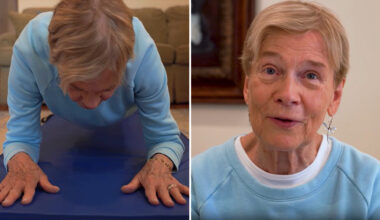Split image of Sarah holding a plank and talking to the camera