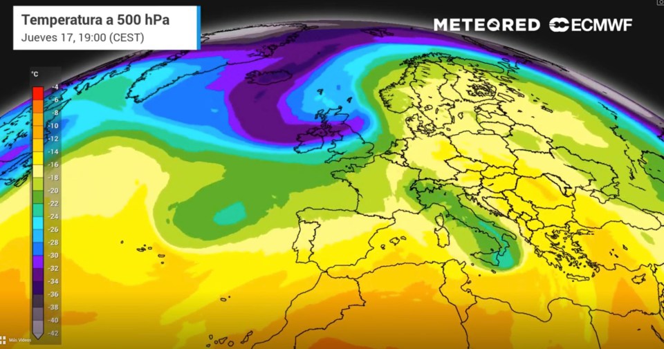 Map of Europe showing 500 hPa temperature.