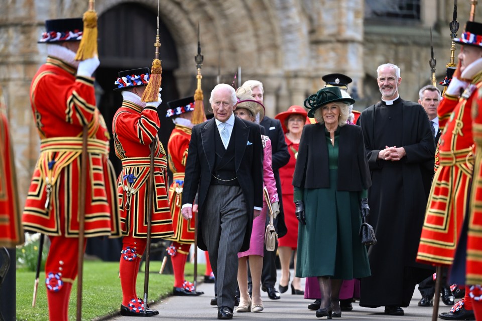 King Charles III and Queen Camilla departing a Royal Maundy service.