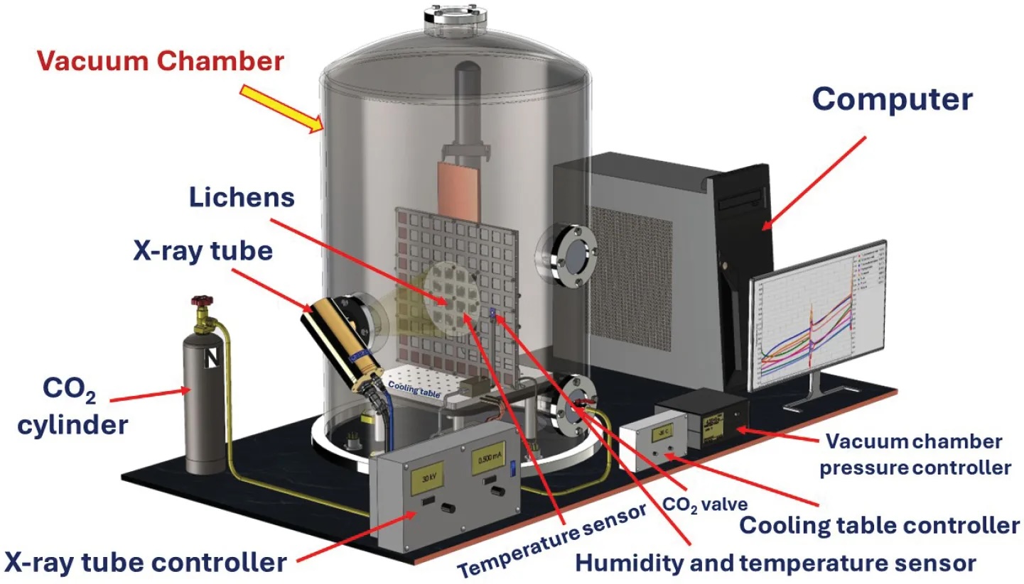 a diagram showing the mars simulation chamber with parts labelled, including metal grate with lichens, cooling table, temperature, pressure and humidity sensors, X-ray lamp with the controller, CO2 valve with cylinder, controllers of vacuum chamber, pressure, cooling table, and computer