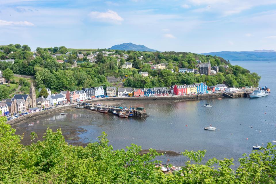 Aerial view of Tobermory harbor in Scotland.