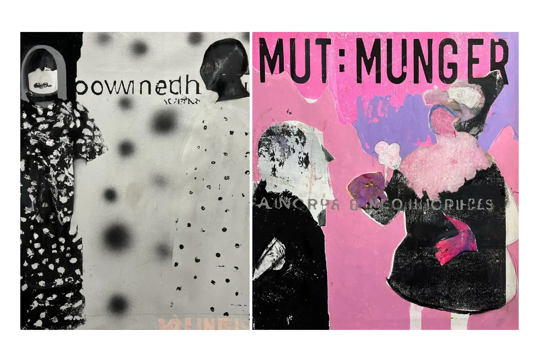 “OOVWInedh” ink and oil on cavas (2023) and “Mut Munger” ink and oil on cavas (2023), Brett Amory