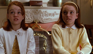 Screenshot of two Lindsay Lohans looking shocked in The Parent Trap