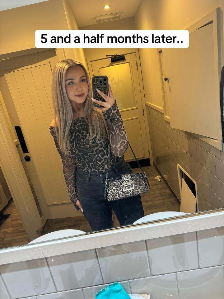 Mirror selfie of a woman five and a half months after a weight loss transformation.