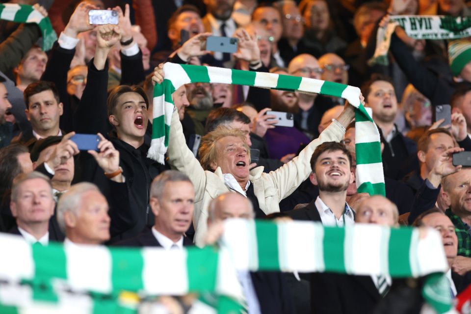 Rod Stewart cheering at a soccer match.