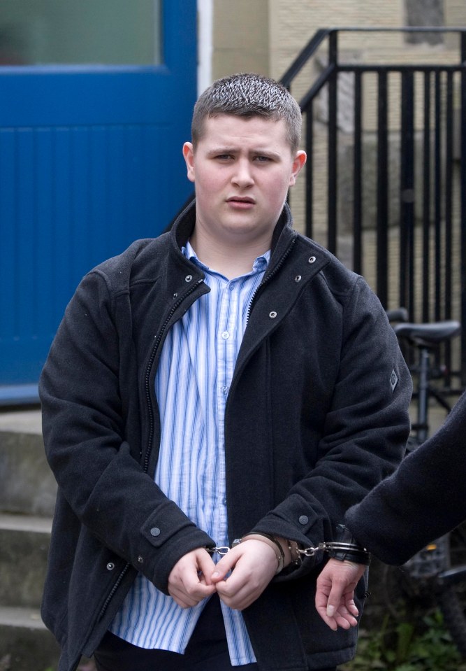 A handcuffed man being led from court.
