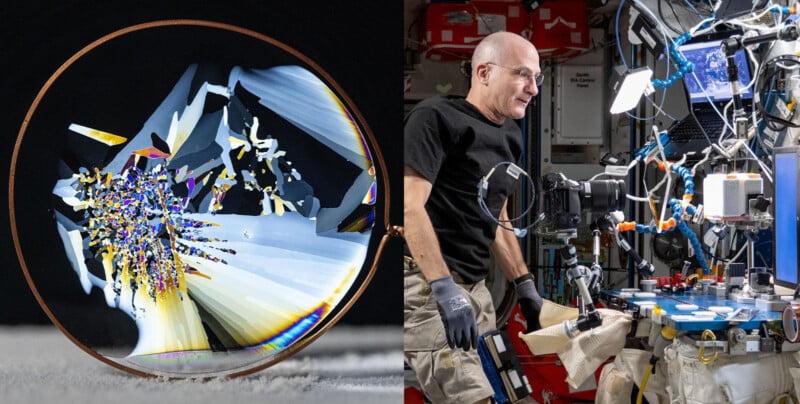 On the left, a close-up of a colorful crystalline structure under a lens. On the right, an astronaut inside a spacecraft works with scientific equipment and tools in a laboratory-like setting.