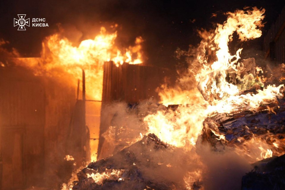 Fire following a Russian missile attack in Kyiv.