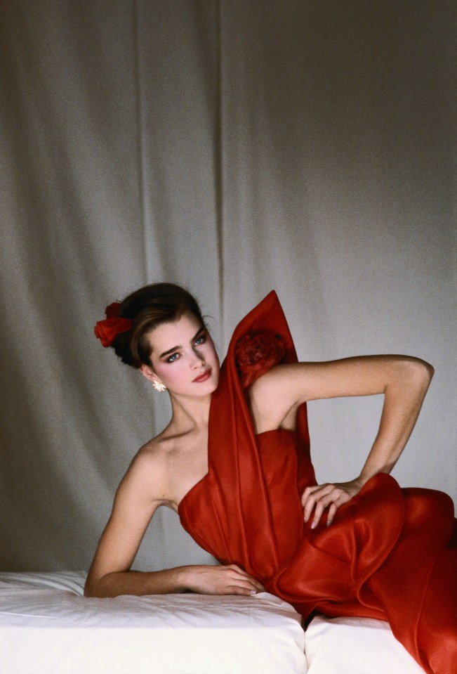 Brooke Shields in a red dress.