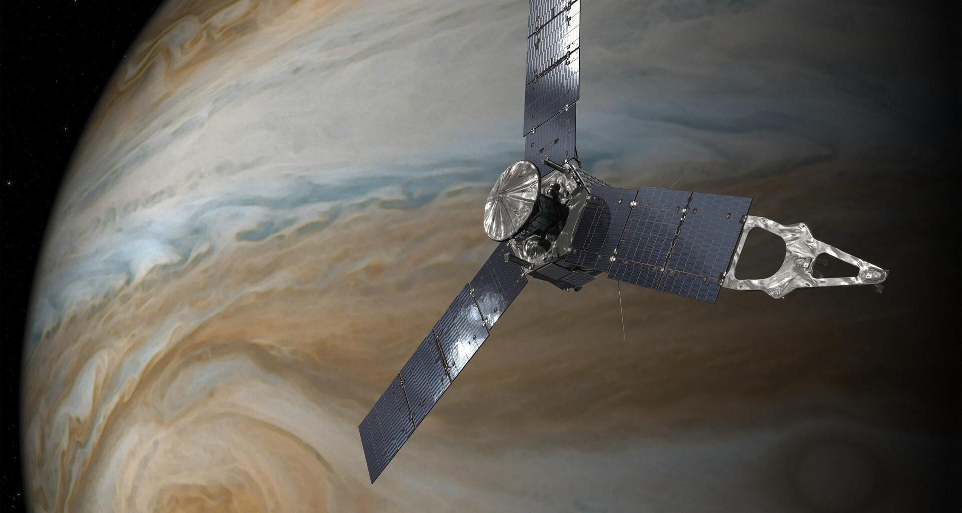 This illustration depicts NASA's Juno spacecraft in orbit above Jupiter's Great Red Spot.