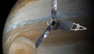 This illustration depicts NASA's Juno spacecraft in orbit above Jupiter's Great Red Spot.