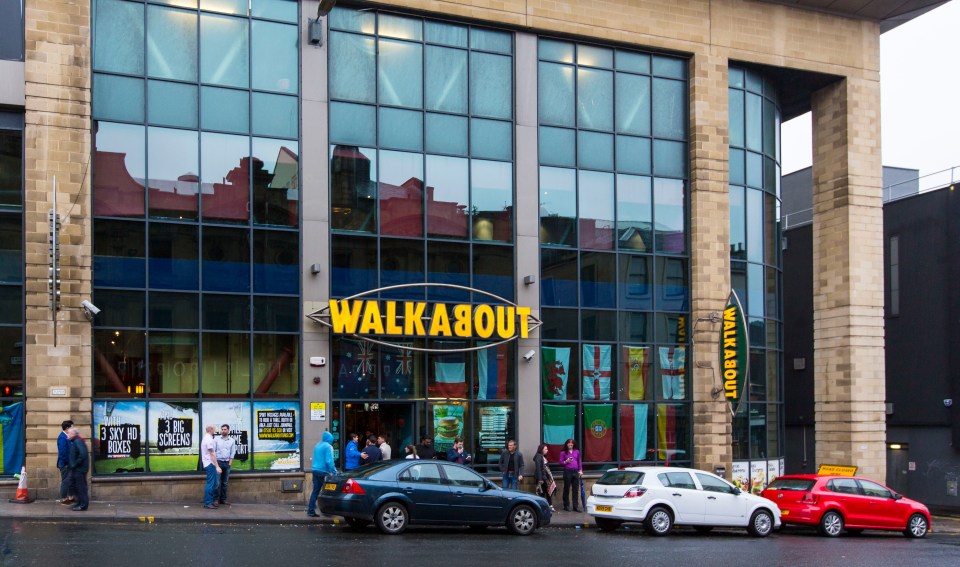 Walkabout pub in Glasgow with patrons outside.