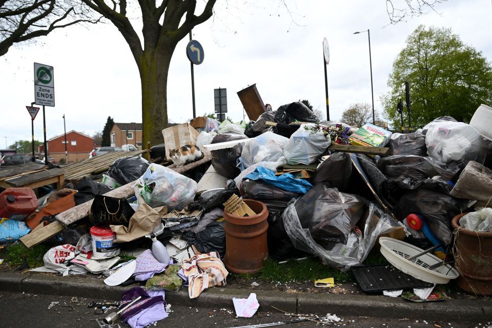 Pile of fly-tipped rubbish in Birmingham during a refuse worker strike.