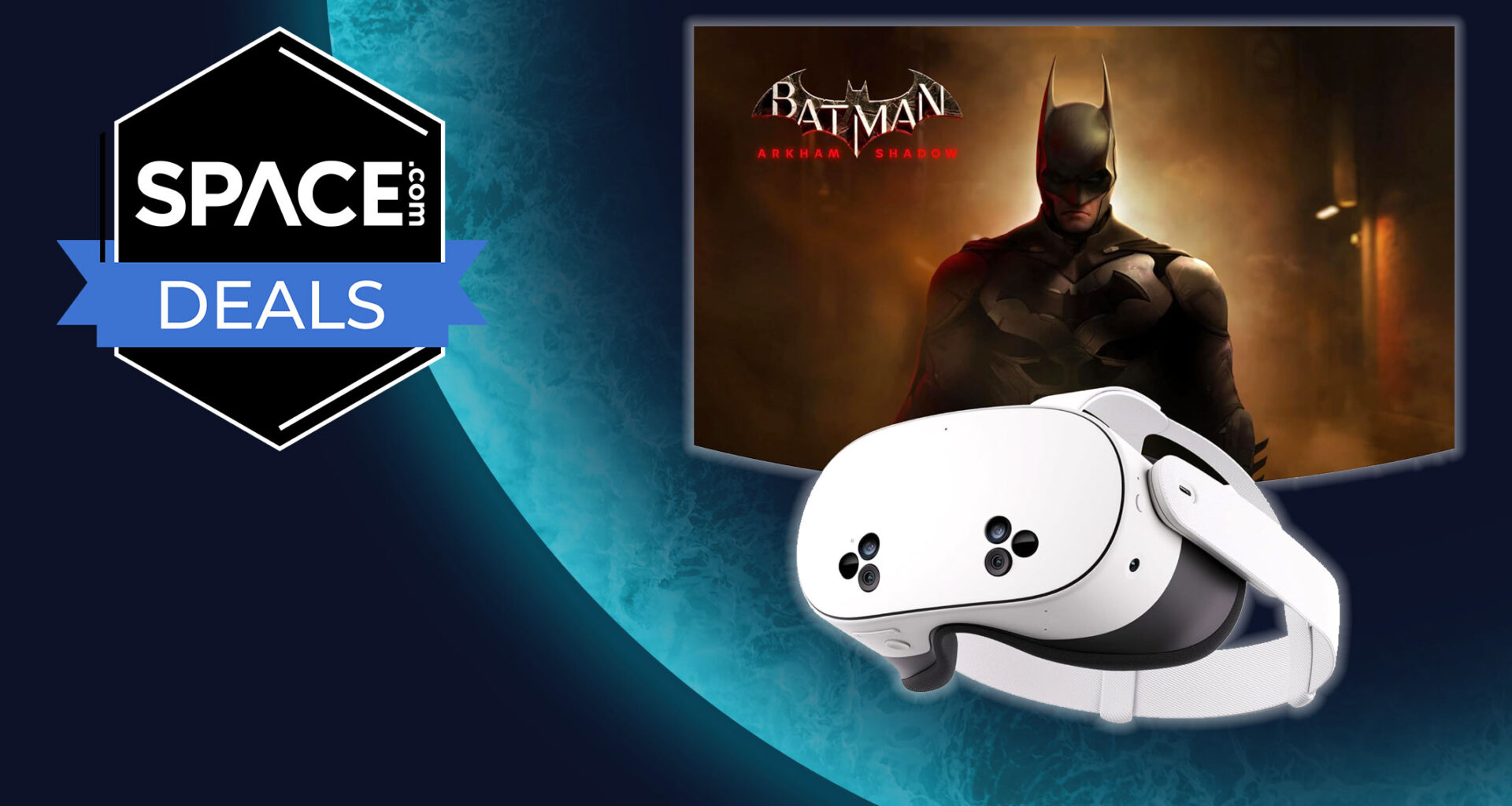 A white VR headset is in front of an image of batman, all with a white glow around the edge, in front of a blue planet with the space.com logo in the top left corner
