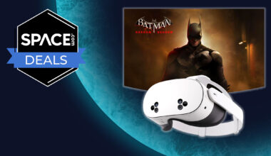 A white VR headset is in front of an image of batman, all with a white glow around the edge, in front of a blue planet with the space.com logo in the top left corner