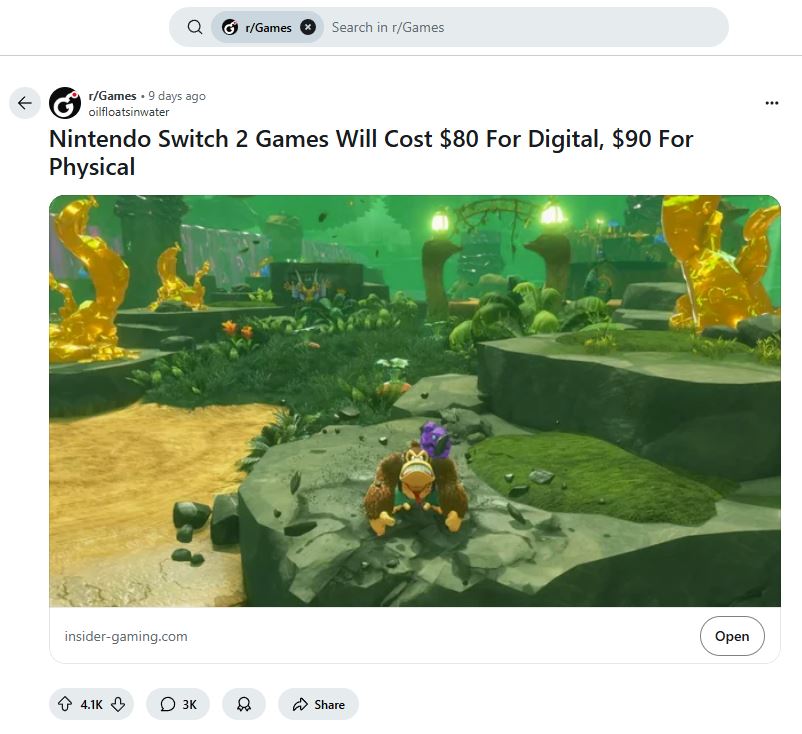A Reddit thread claims that Switch 2 physical games cost .