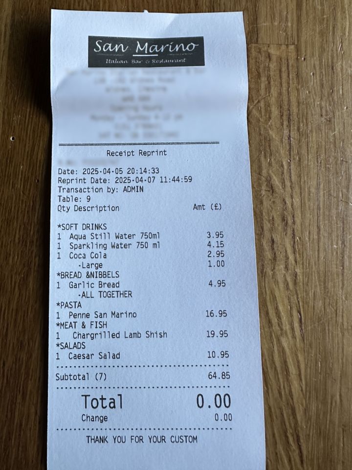 Restaurant receipt showing a £64.85 bill.