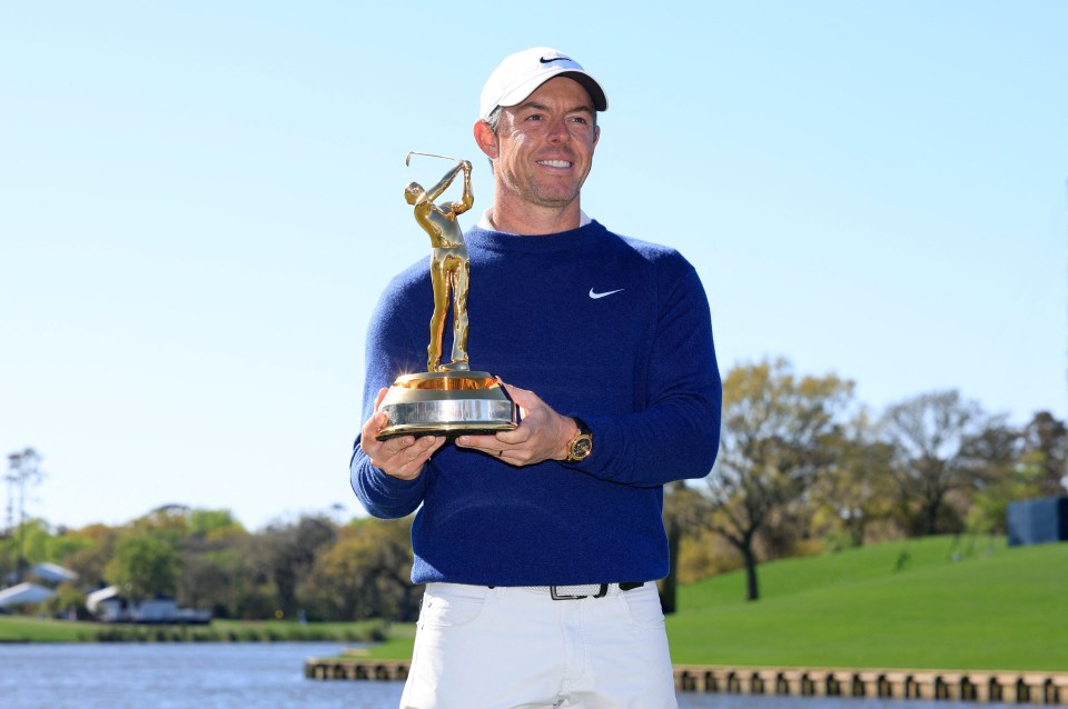 Rory McIlroy holding The Players Championship trophy.