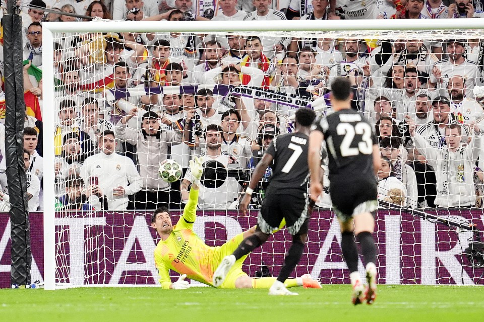 Goalkeeper diving to save a penalty kick.