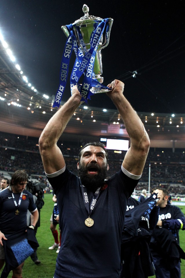 Sebastien Chabal of France holding the Six Nations Championship trophy.