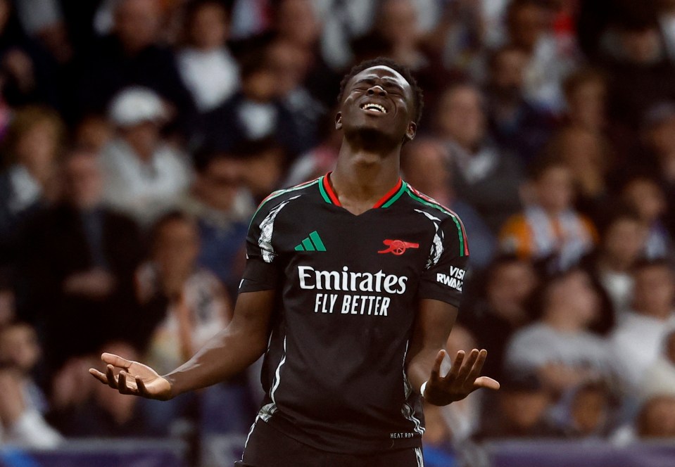 Arsenal's Bukayo Saka reacts during a soccer match.