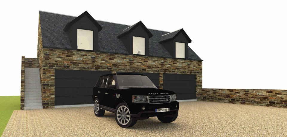 Illustration of a stone house with a double garage and a black Range Rover parked in the driveway.