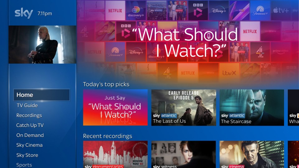 Sky TV interface showing program options and recommendations.