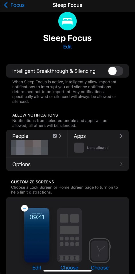 Screenshot of iPhone Sleep Focus settings.