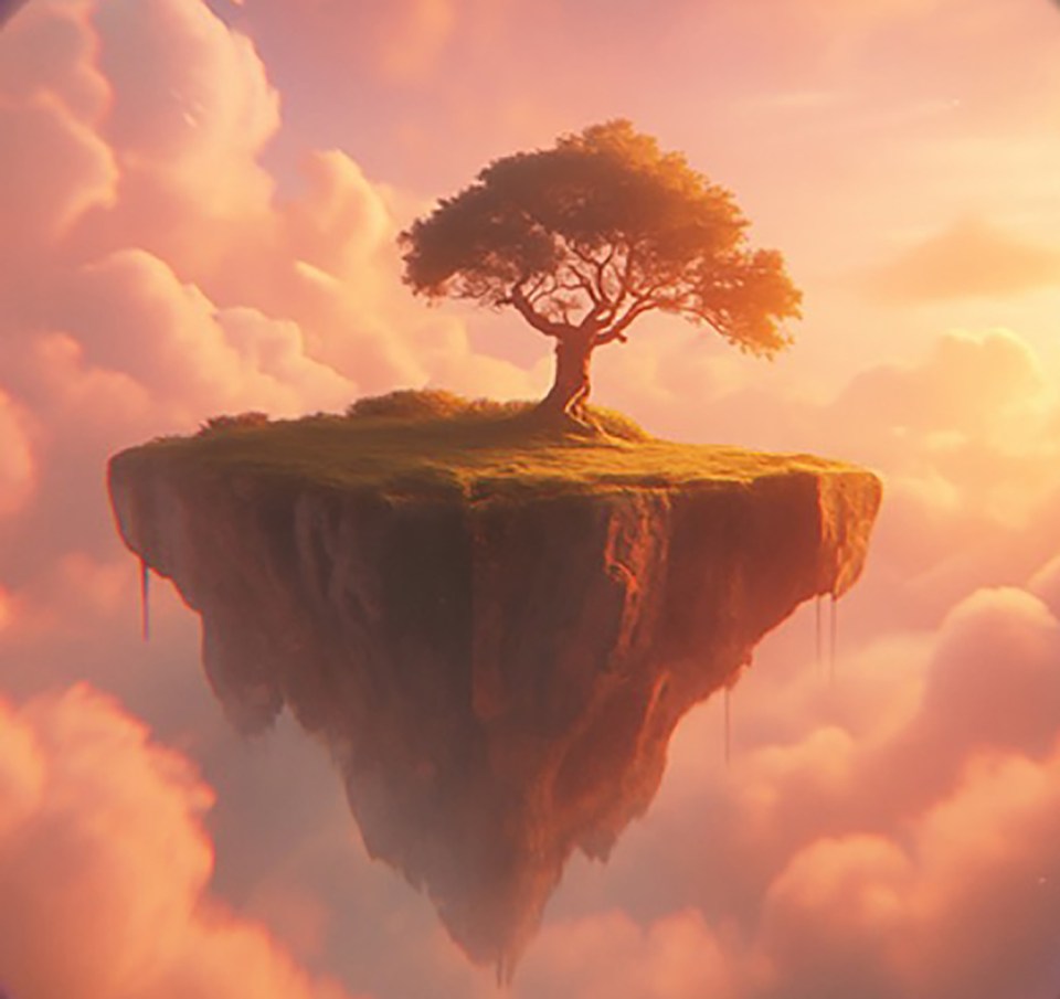 Illustration of a tree on a floating island in the sky.