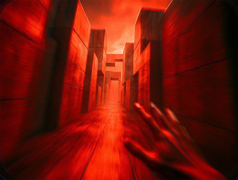 Illustration of a hand reaching out in a red, maze-like corridor.