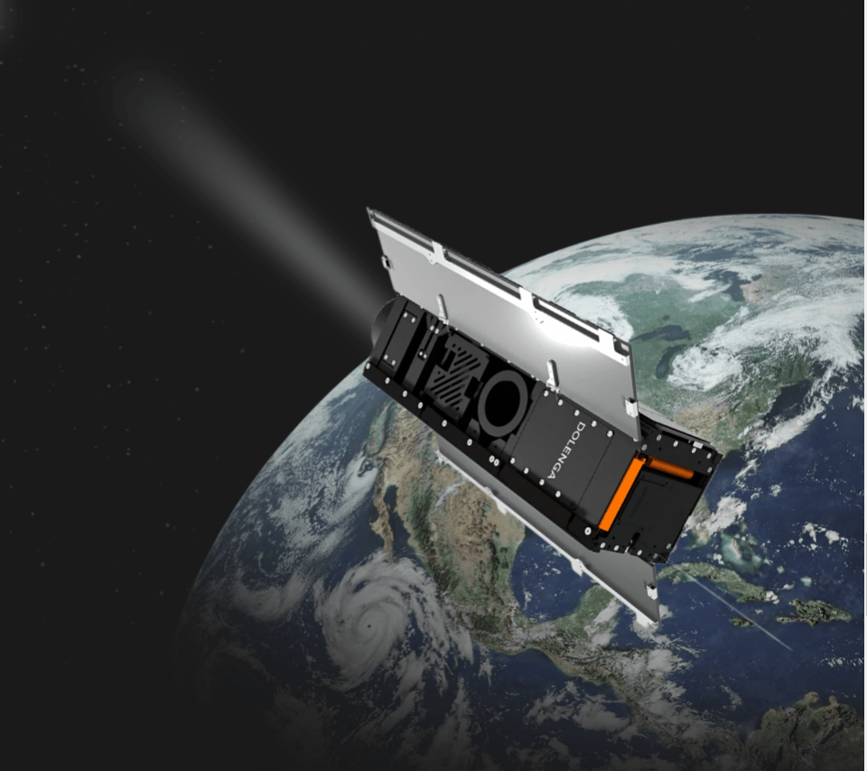 Illustration of a satellite projecting a beam of light towards Earth.