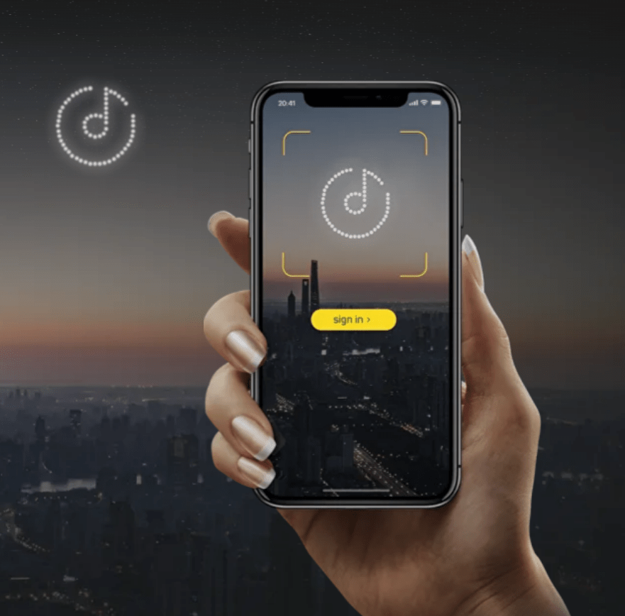 Illustration of a hand holding a smartphone displaying a music note icon and a "sign in" button, with a city skyline in the background.