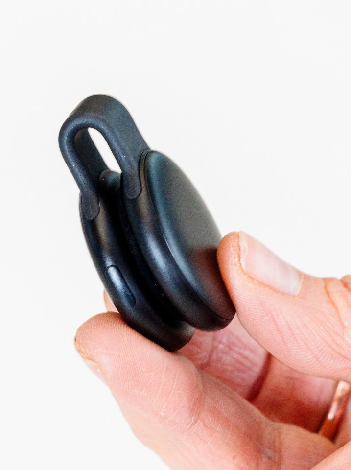Person holding two black AI pendants.