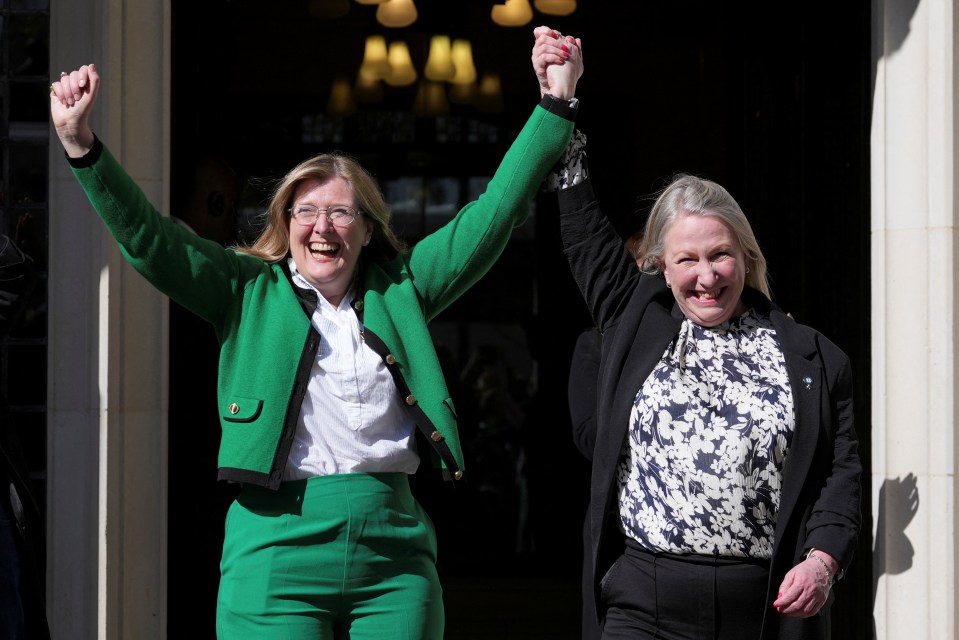 Susan Smith and Marion Calder celebrating outside the Supreme Court in London.