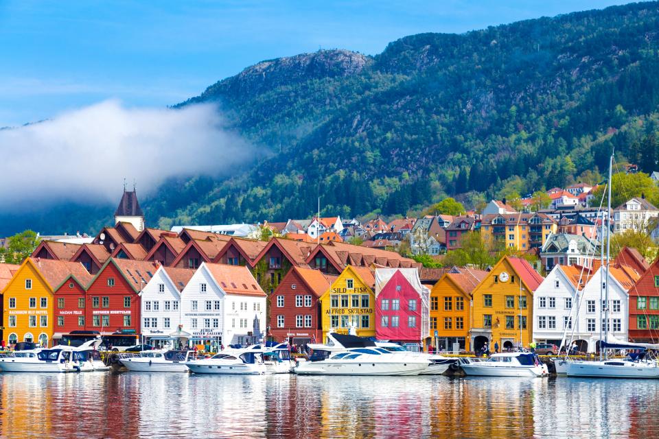 Colorful historic Hanseatic buildings in Bryggen, Bergen, Norway.