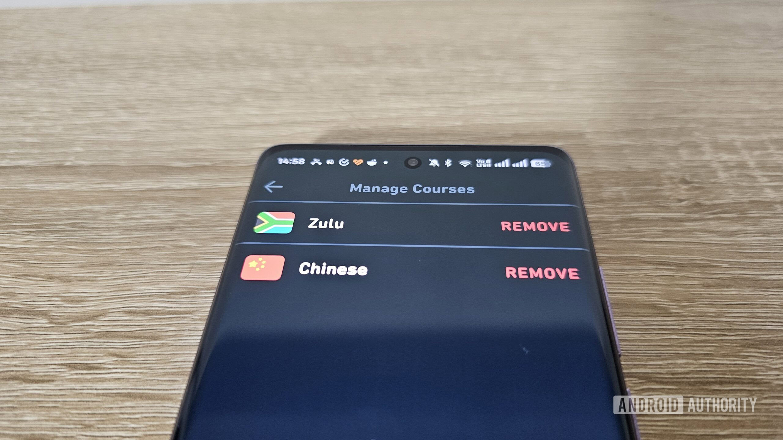 the manage courses tab in duolingo with the option to remove courses