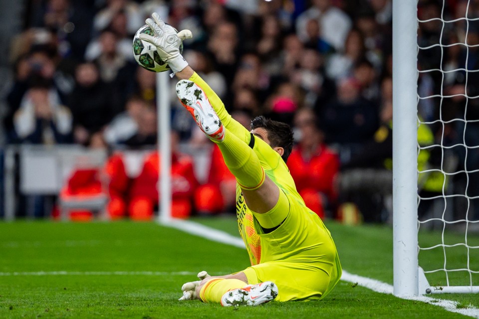 Thibaut Courtois of Real Madrid CF making a penalty save.