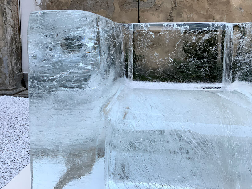 tokujin yoshioka's sculptural chairs made from frozen water melt during milan design week