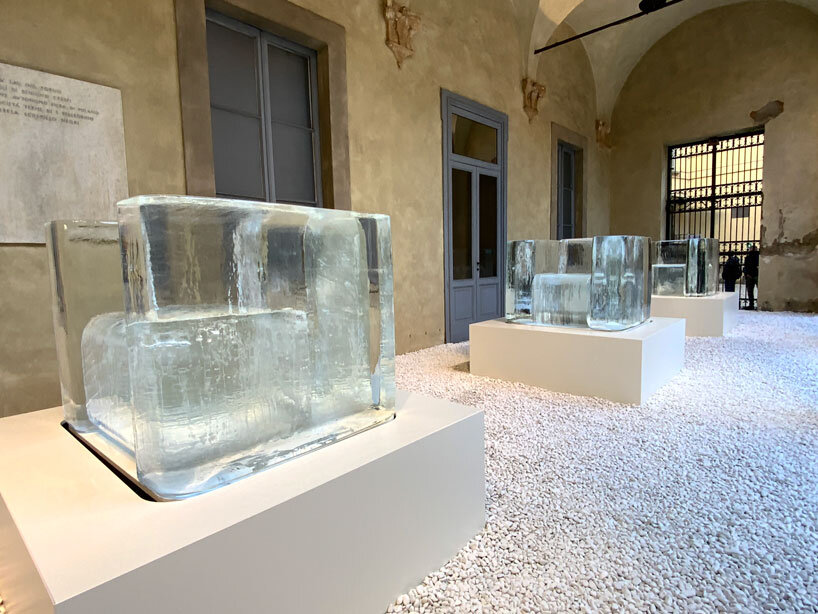 tokujin yoshioka's sculptural chairs made from frozen water melt during milan design week