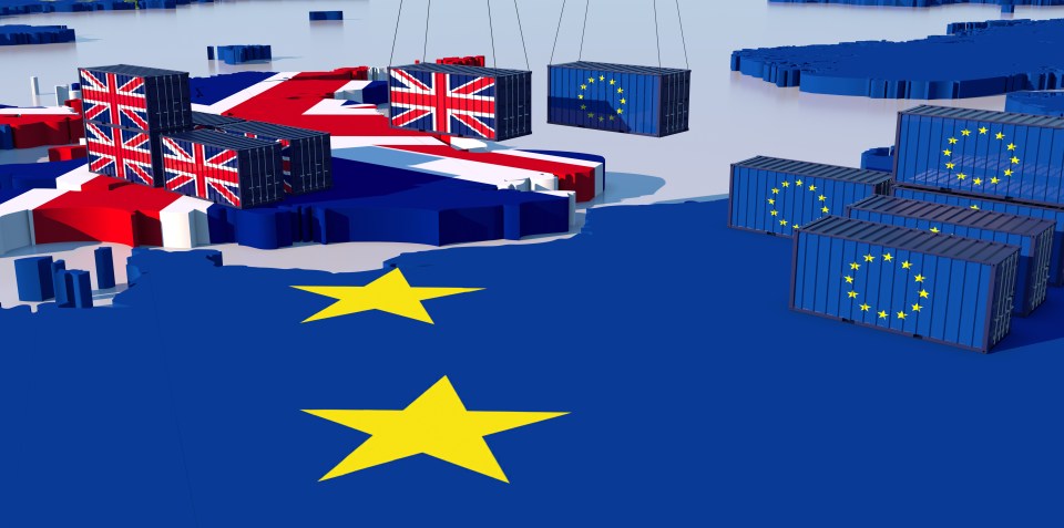 Illustration of UK and EU trade: shipping containers with respective flags.