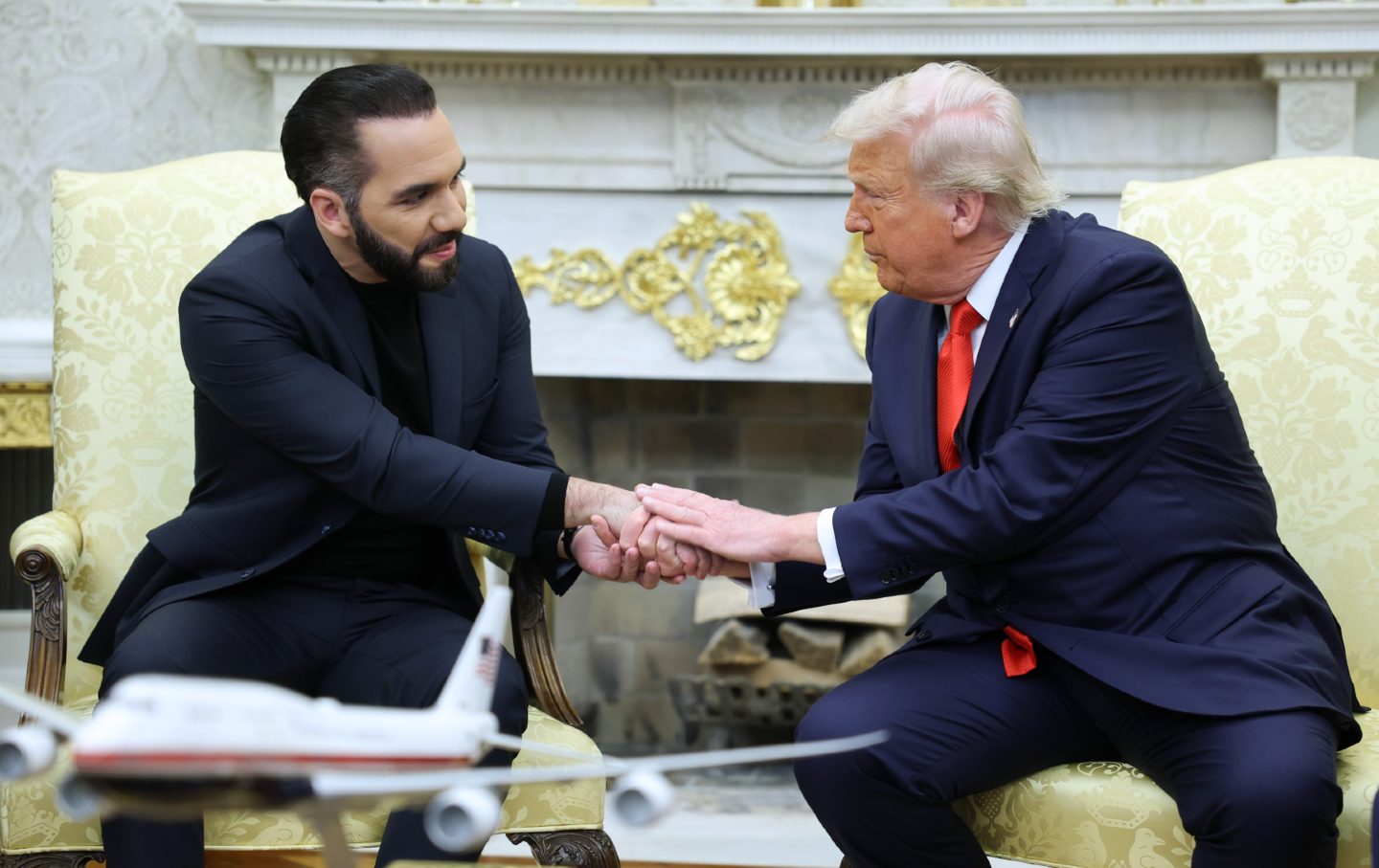 US President Donald Trump meets with President Nayib Bukele of El Salvador in the Oval Office of the White House on April 14, 2025, in Washington, DC.