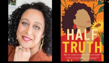 Two panels. On the left is of a curly haired woman smiling. On the right is the cover of her book 'Half Truth' that features an illustration of a curly hair woman with a red dress, There are no features on her face.
