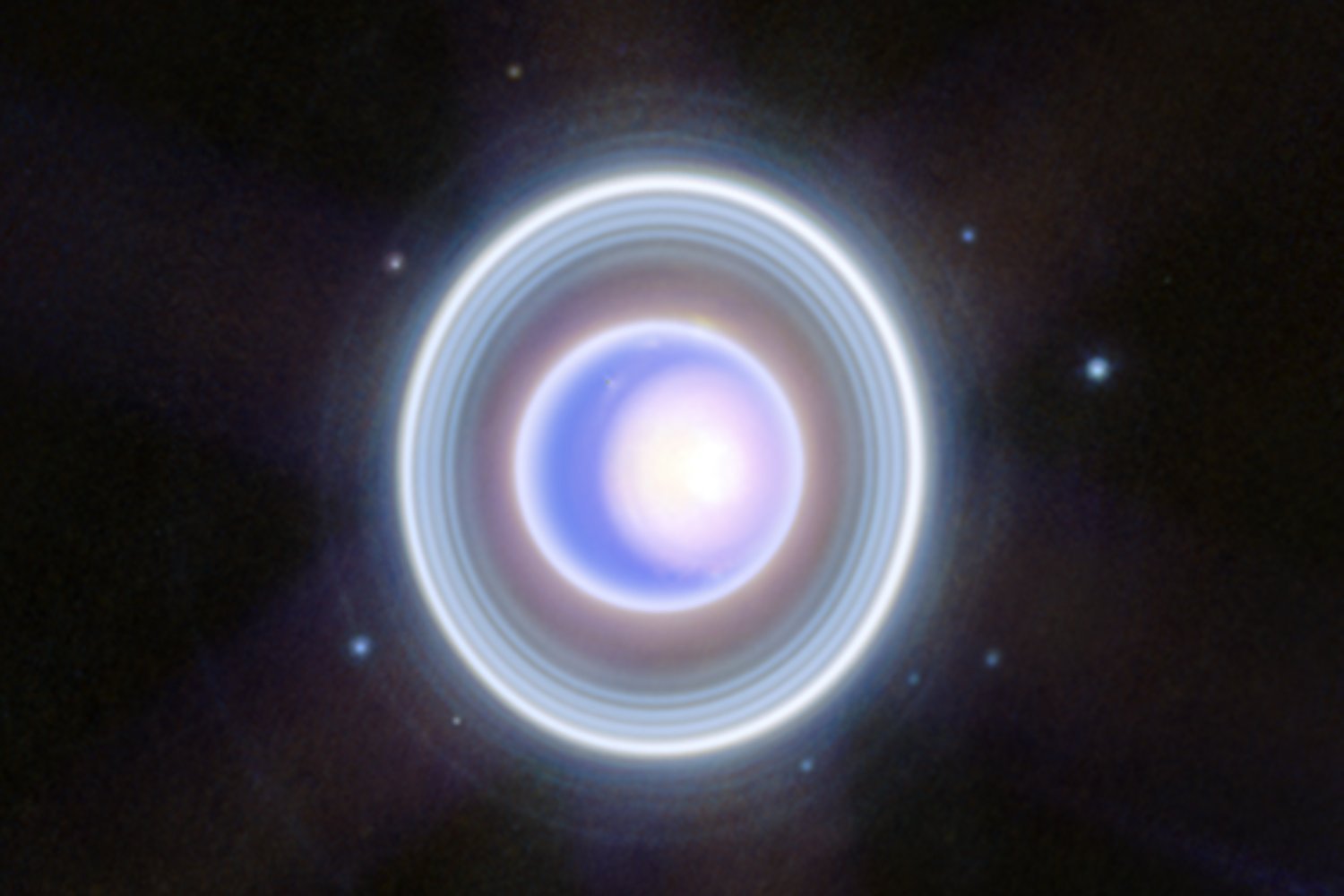 A Webb image of Uranus, its rings, and 9 of its 27 moons.