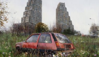 an oil painting of an old red car in a grassy meadow with two large brutalist high-rise buildings in the background