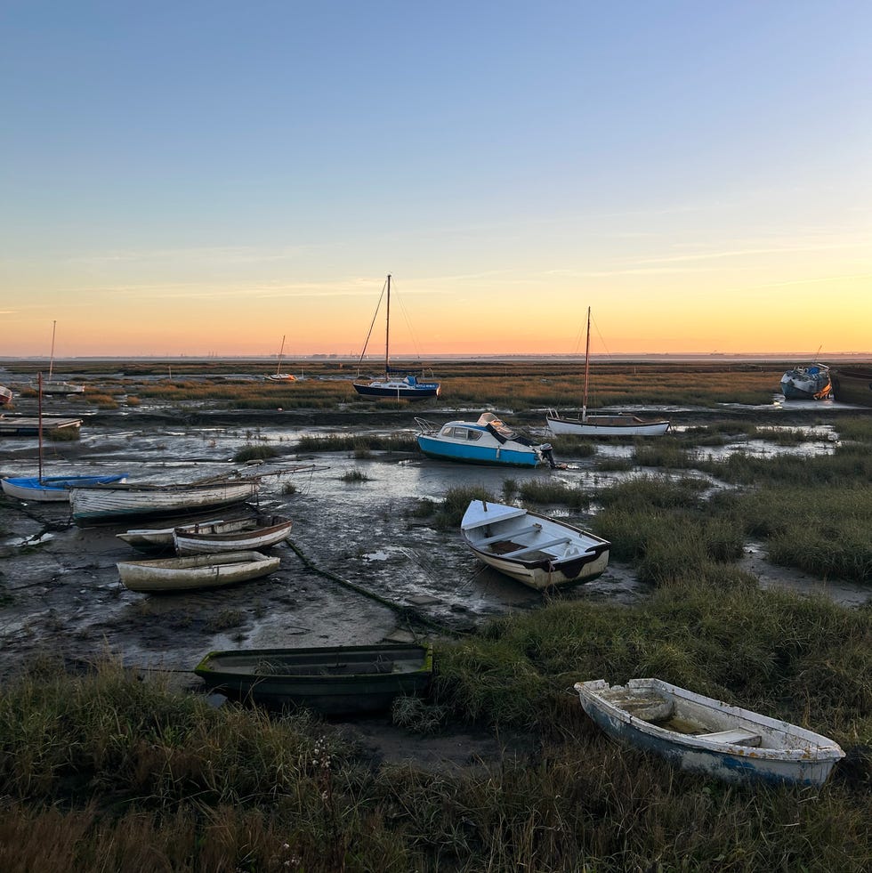 a serene landscape showcases several small boats resting in shallow water,