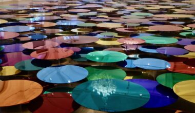 a floor installation of numerous shiny, colorful circles