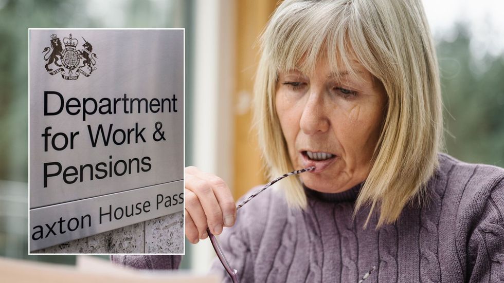 Woman looking at form and DWP logo