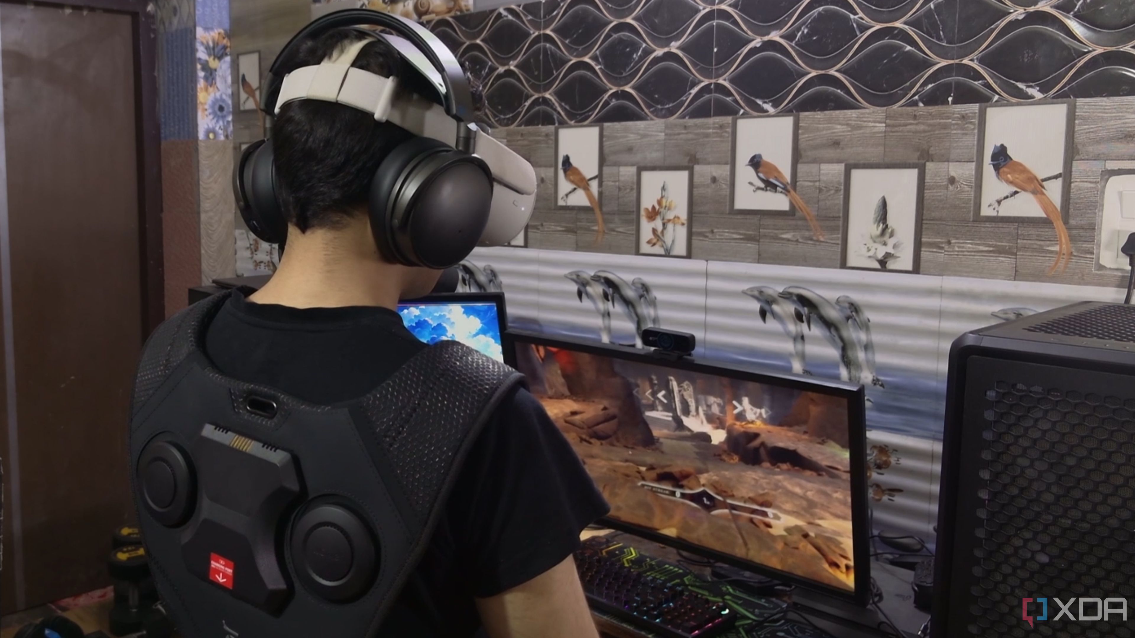 A person playing Metal Hellsinger VR while wearing the Woojer Vest 3