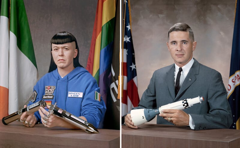 Split image: Left, a woman with short dark hair in a blue jacket holds a model rocket, seated by Irish and rainbow flags. Right, a man in a suit holds a rocket model, seated by American and NASA flags.